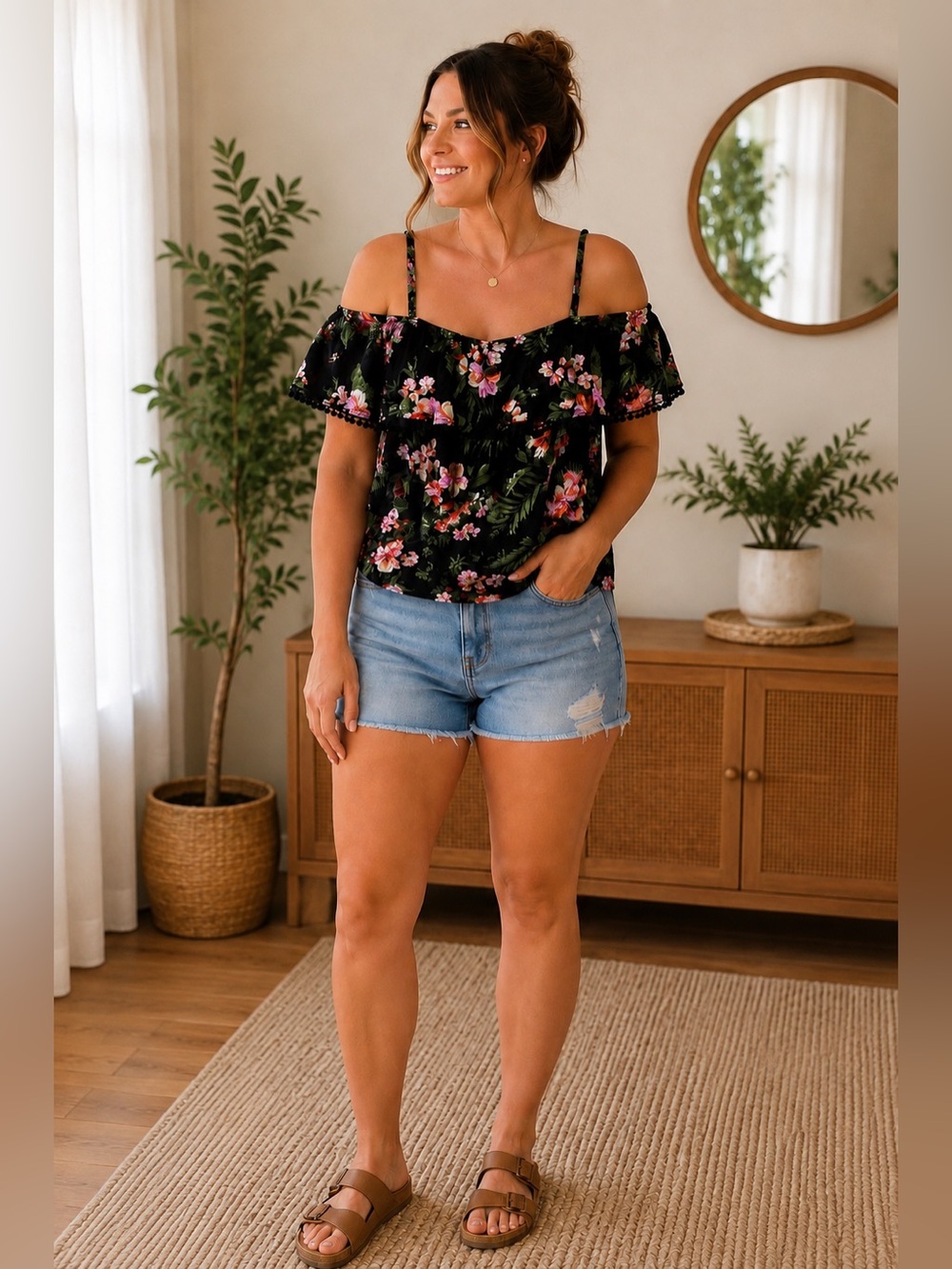 🌸 U2B | 2X | Black Floral | Off-Shoulder Top 🌸